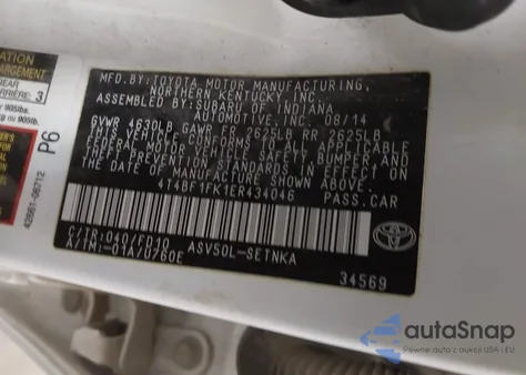 2014 Toyota Camry Le z USA, uszkodzony, nr VIN 4T4BF1FK1ER434046